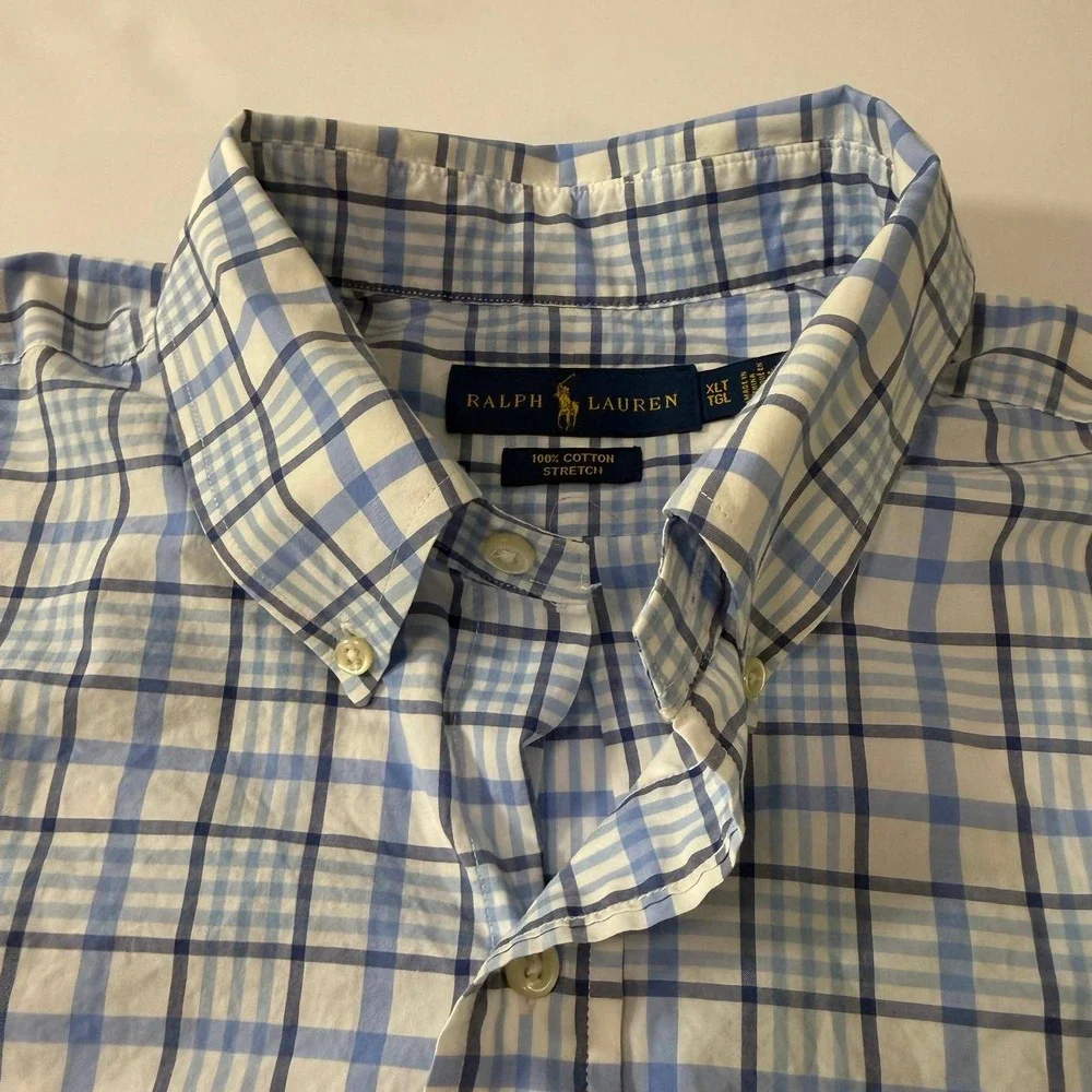 Polo Ralph Lauren Mens XLT Blue White Plaid Cotton Stretch Button Down Shirt